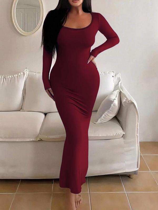 Women's Minimalist Solid Color Tight Sleeve Bodycon Dress for Fall, Women's Clothing for Daily Wear, Back-to-School Clothing, Basic Womenswear, Lady Casual Wear, Lady Long Sleeve, Fall Outfits, Fallfreshness