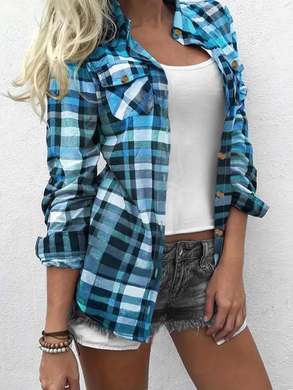 Women's Plaid Print Button Front Shirt, Casual Long Sleeve Pocket Collared Top for Spring & Fall, Women's Clothes for Daily Wear