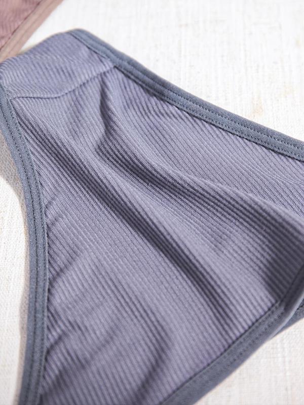 Women's Solid Color Patched Ribbed Knit Thong, Soft Comfy Breathable Panty for Daily Wear, Underwear for All Seasons