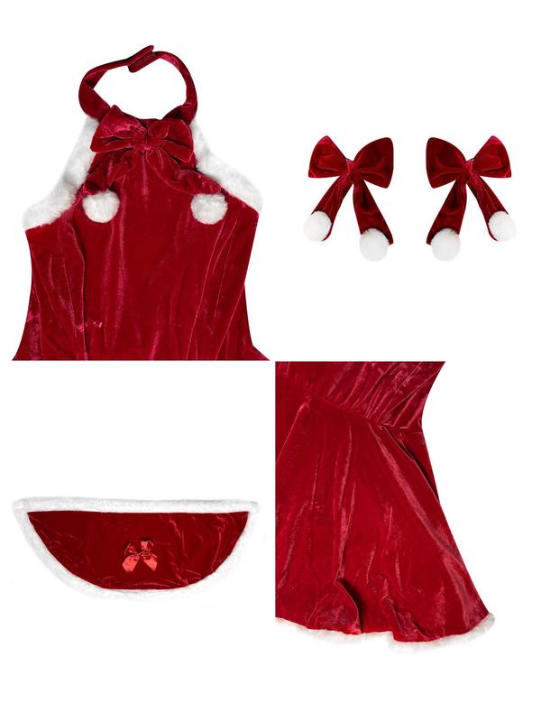 Women's Contrast Faux Fur  Sexy Santa Claus Costume Set, Halter Neck Dress &  Shawl & Sleeves & Hair Accessories Set, Women's Underwear Set for All Seasons