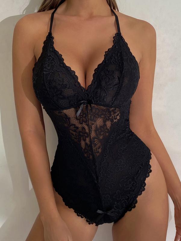 Classic Floral Lace Scallop Trim Crotchless Teddy Bodysuit Lingerie sexy comfort bikini seamless fall essential