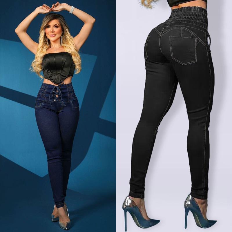 Casual New Tied Slim Fit Skinny Jeans Women's High Waist Slimming Hip Raise Trousers All-Matching Pants