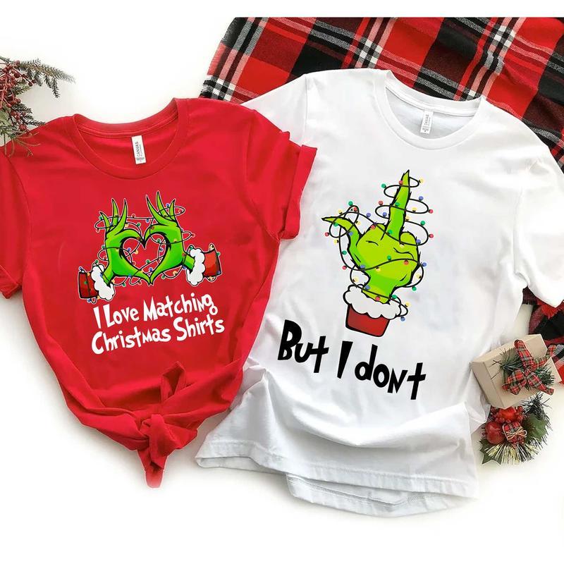 Funny Grinch Couple Matching, Christmas Hubby Wifey Matching, Funny Grinch Hand Pajamas Couple T-Shirt