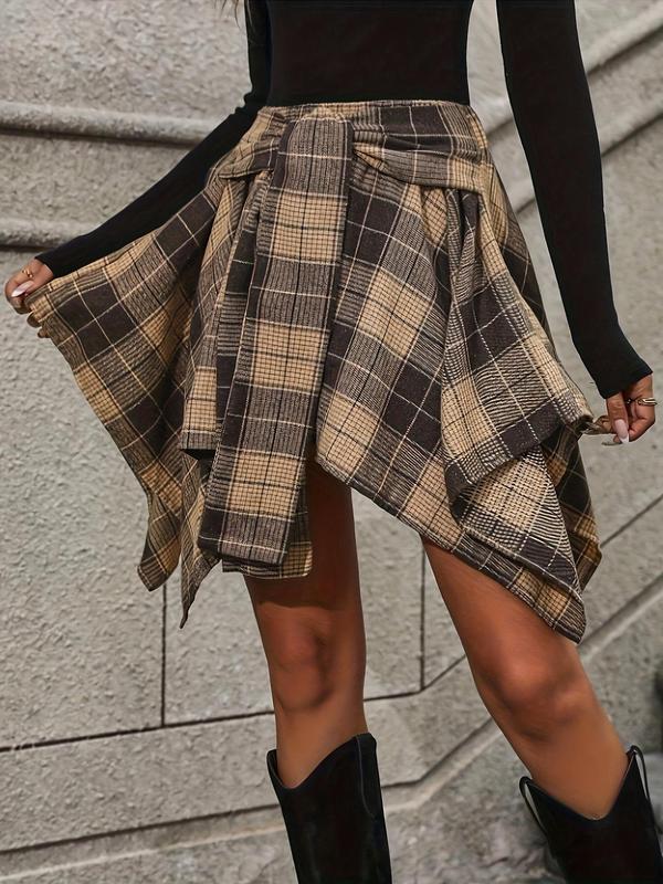 Women's Plaid Print Knot Front Skirt, Street Fashion Casual A Line Short Skirt for Daily Wear, Ladies Spring & Fall Bottoms