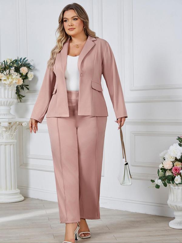  Solid Two-piece Set, Elegant Lapel Neck Button Front Blazer & Straight Leg Pants, Women's Spring & Fall Clothes for Work Office Business, Trendy Outfits 2024, 2 Piece Sets Women, Fall Clothing Women, Plus Size Clothes for Women