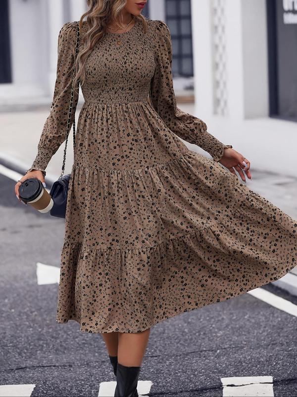 Women's Ditsy Floral Print Ruffle Hem Shirred A Line Dress, Elegant Bishop Sleeve Round Neck Midi Dress for Spring & Fall, Women's Clothing for Daily Wear, Fall Dresses, Dresses for Women, Birthday Dresses 2024, Wedding Guest Dress