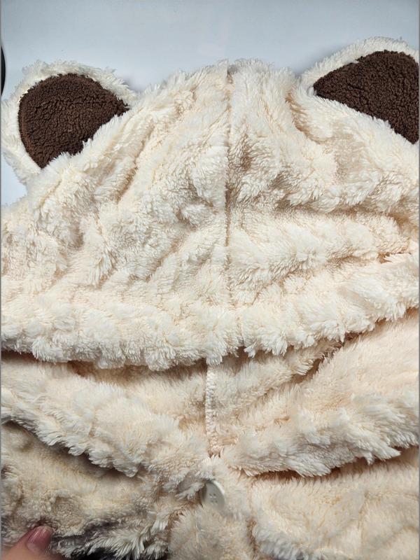 Women's Cute Bear Design Coral Fleece Hooded Bathrobe, Casual Long Sleeve Drop Shoulder Pocket Design Bathrobe, Warm Sleepwear for Fall & Winter