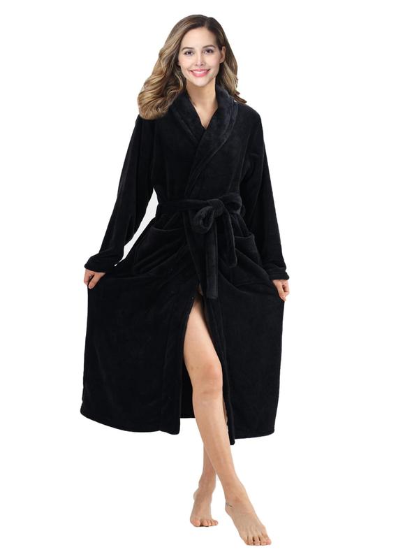 Women's Solid Pocket Belted Wrap Flannel Lounge Robe, Casual Long Sleeve Shawl Collar Dressing Gown, Women's Sleepwear for Winter, Robe for Women, Fall Wear, Fallfreshness