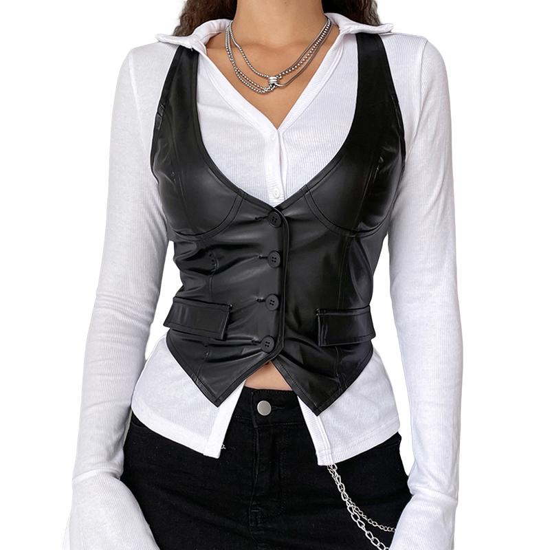 Y2K PU Leather Vest Vintage Aesthetic Women V Neck Sleeveless Button Tank Tops 2000s Dark Academia T-shirt Waistcoat