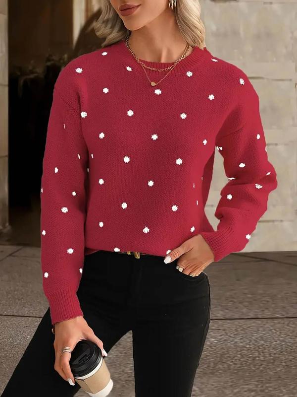 Women's Polka Dot Print Drop Shoulder Sweater, Casual Long Sleeve Round Neck Jumper for Fall & Winter, Fashion Ladies' Knitwear for Daily Wear