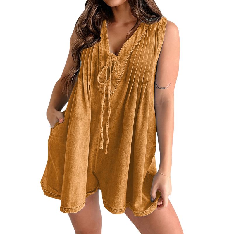 Women's Demin Tank Top Jumpsuit Loose Pleated Tie Front V Neck Sleeveless Shorts Romper with Pockets for Summer