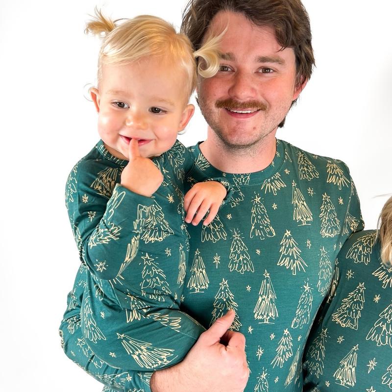 Men’s Bamboo Pajamas | Christmas Holiday Family Matching | Long Sleeve and Pants | Green Trees