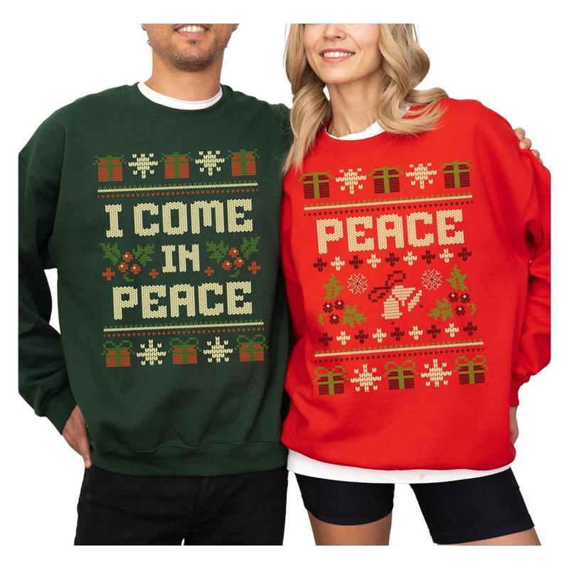 I Come In Peace Ugly Christmas Sweatshirt, Matching Couple Christmas Crewneck, Girlfriend Gift, Unisex Casual Cotton Tops Womenswear Clothing