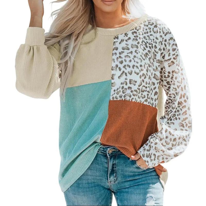 Encolax Womens Fashion Leopard Color Block Long Sleeve Crewneck Knitted Casual Loose Pullover Shirts Tops Fit Womenswear