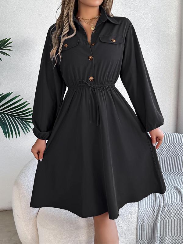 Women's Plain Button Front Drawstring Knot Front Shirt Dress, Elegant Pocket Bishop Sleeve Collared A Line Dress for Spring & Fall, Ladies Clothes for Daily Wear, Fall Outfits, Earthtone Fallfreshness