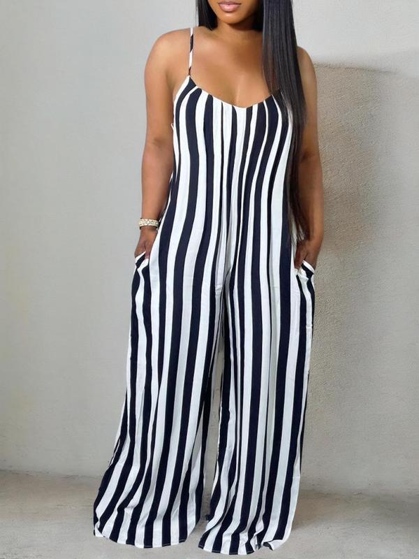 Women's Striped Print Pocket Backless Wide Leg Cami Jumpsuit, Lady Casual Adjustable Spaghetti Strap Overalls for Summer, Jumpsuit for Women, Overalls for Women, Ladies Clothes for Daily Wear, Womenswear