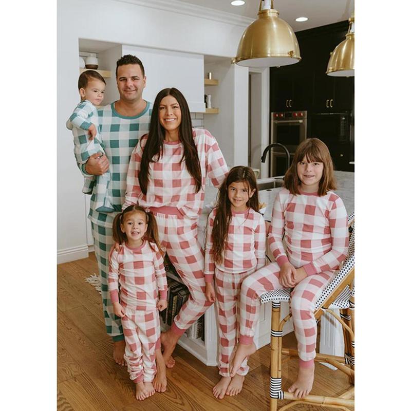 Family Pajamas Matching Set, Long Sleeve T-shirt with Pants Plaid Sleepwear Loungewear