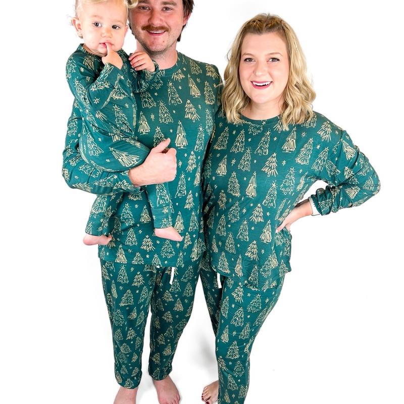 Men’s Bamboo Pajamas | Christmas Holiday Family Matching | Long Sleeve and Pants | Green Trees