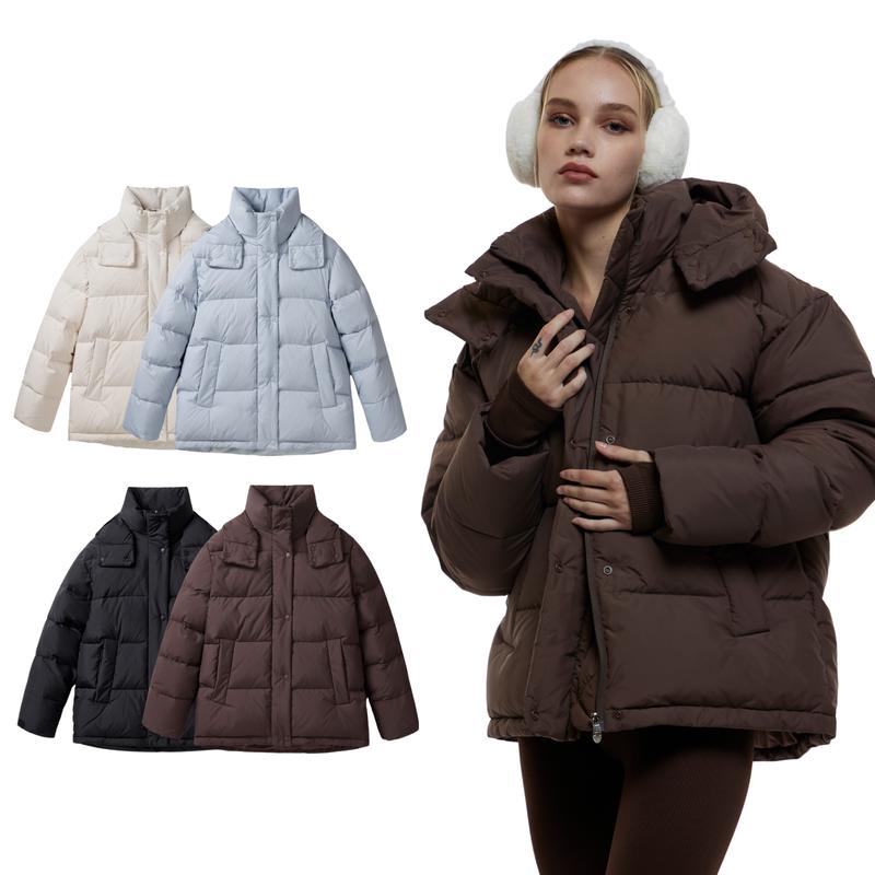 Go.G.G Detachable Hooded Button Puffer Jacket Womenswear Coats, Solid Color Full Zip Long Sleeve Women Winter Coats for Women, Removable Hooded Pocket Design Warm Outerwear Tops