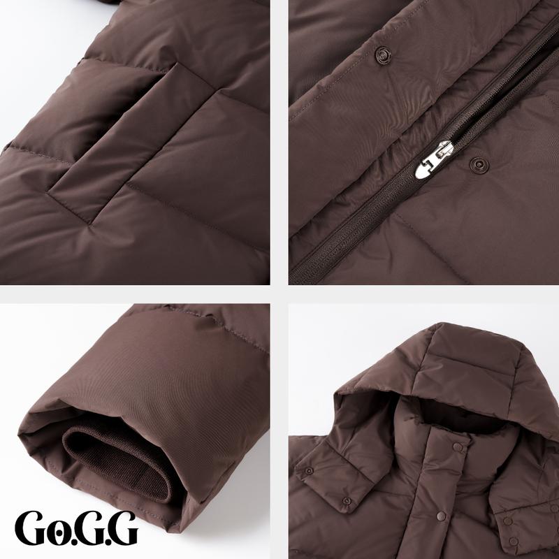 Go.G.G Detachable Hooded Button Puffer Jacket Womenswear Coats, Solid Color Full Zip Long Sleeve Women Winter Coats for Women, Removable Hooded Pocket Design Warm Outerwear Tops