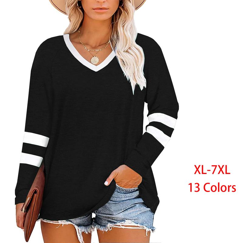 Beautife Women's Plus Size Tops Striped Long Sleeve V neck T Shirts Color Block Casual Tunics Tee Shirt