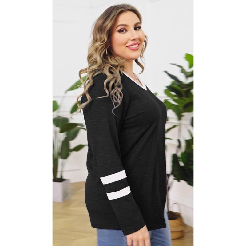 Beautife Women's Plus Size Tops Striped Long Sleeve V neck T Shirts Color Block Casual Tunics Tee Shirt