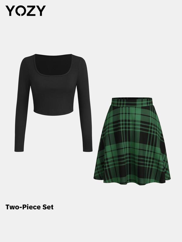 YOZY Black Friday Deals, Plain Crop Top & Plaid Print Flared Skirt Set, Elegant Fashion Casual Square Neck Long Sleeve Top & High Waist Skirt, Women's Fall Outfits for Daily Wear, Christmas 2024 Trend, Thanksgiving Outfits, Fall Outfits, Winter Outfits