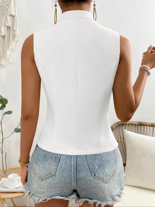 Women's Solid Button Front Vest Blazer, Casual Stand Collar Sleeveless Suit Vest for Summer, Ladies Clothes for Daily Wear