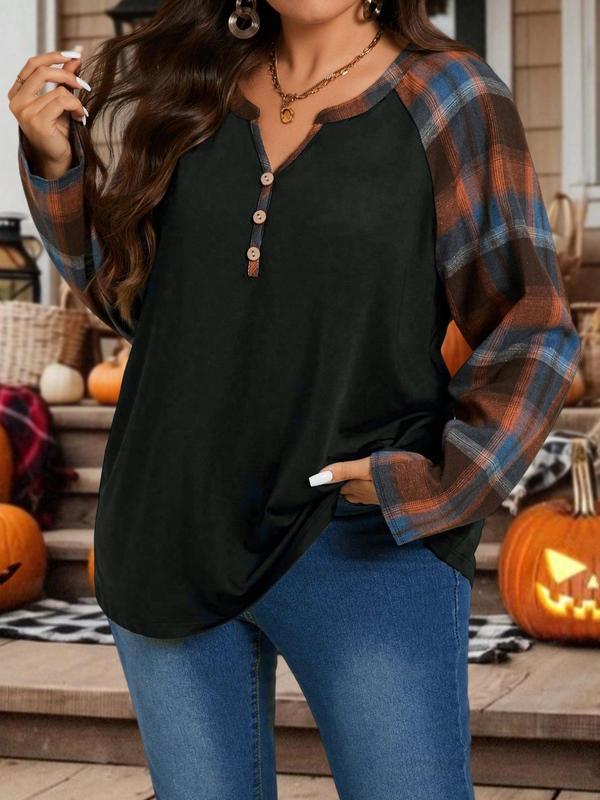  Plaid Patched V Neck Tee, Casual Drop Shoulder Long Sleeve T-shirt for Fall & Winter, Women's Clothing for Daily Wear