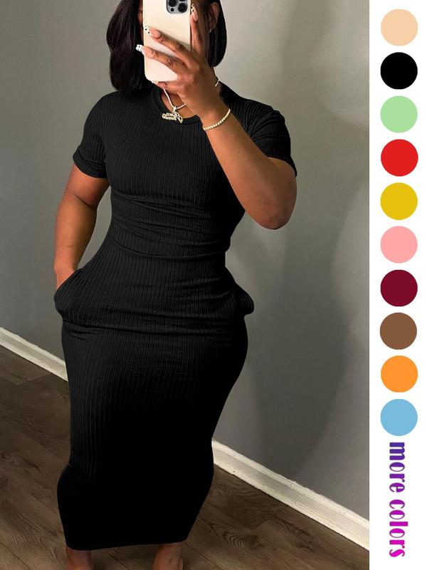 Women's Plain Pocket Short Sleeve Bodycon Dress, Dresses for Women, Casual Round Neck Ribbed Long Dress for Fall, Ladies Casual Wear Back To School Clothes for Daily