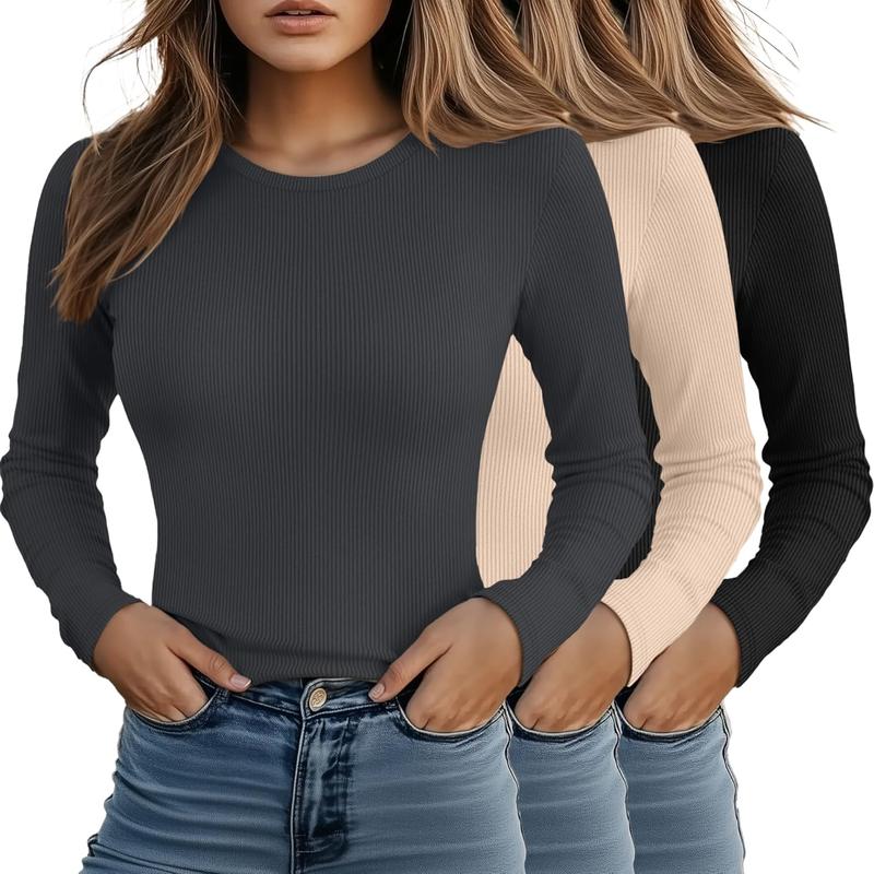 3 Pack Women's Long Sleeve Shirts Ribbed Fitted Tops Thermal Undershirt Tops Layer Round Neck underscrubs Basic tee