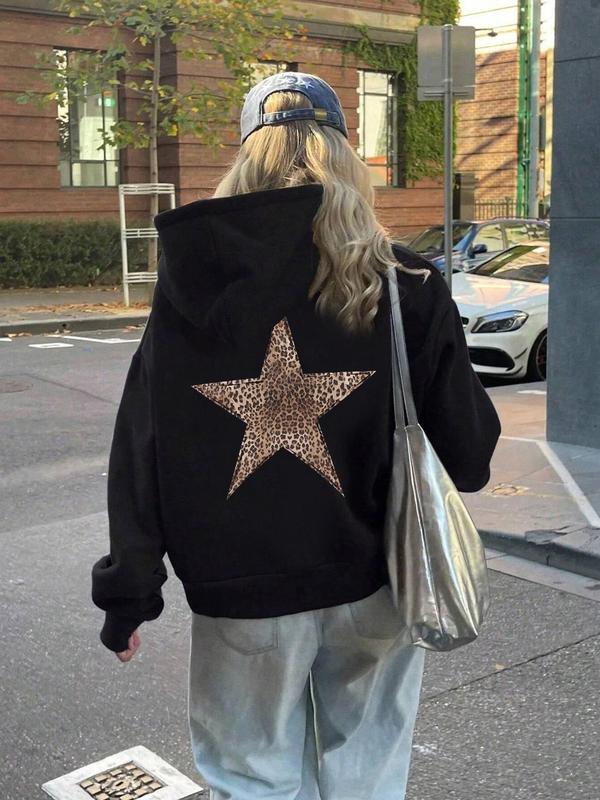 Women's Star Print Hoodie, Fashion Casual Leopard Graphic Drawstring Hoodies for Daily Holiday Outdoor Wear, Women Clothing for Fall & Winter