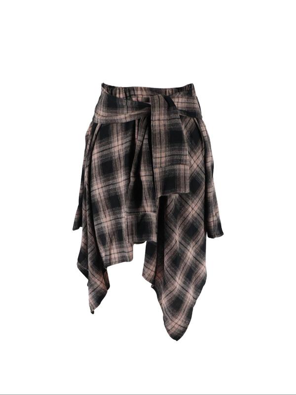 Women's Plaid Print Knot Front Asymmetrical Skirt, Casual Fashion Skirt for Daily Outdoor Wear, Women Clothes for Fall & Winter