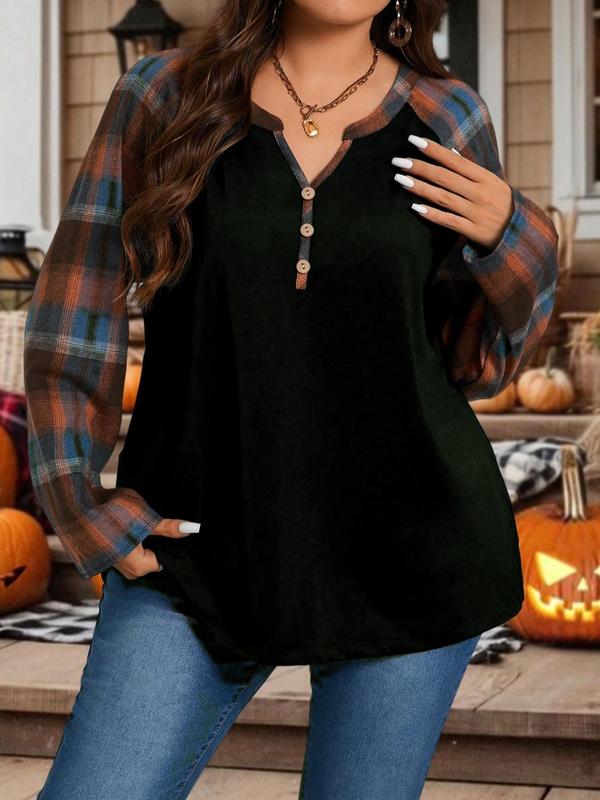  Plaid Patched V Neck Tee, Casual Drop Shoulder Long Sleeve T-shirt for Fall & Winter, Women's Clothing for Daily Wear