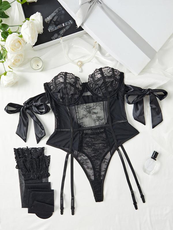 Women's Sexy Lace Lingerie Set, Romantic Solid Color Teddy Bodysuit Lingerie & Stockings Set, Women's Lingerie & Underwear for All Seasons