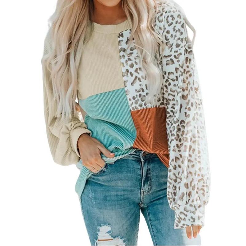 Encolax Womens Fashion Leopard Color Block Long Sleeve Crewneck Knitted Casual Loose Pullover Shirts Tops Fit Womenswear