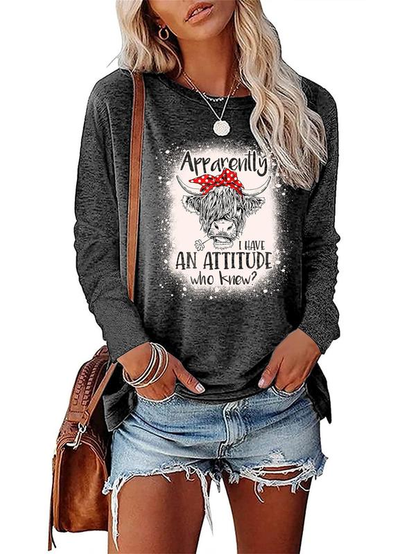 Women's Cow & Letter Print Drop Shoulder Tee, Round Neck T-shirt for Spring & Fall, Fall T-shirt Women 2024, Comfort Fitted Longsleeves Tshirt for Lady, Casual Crewneck Top Womenswear