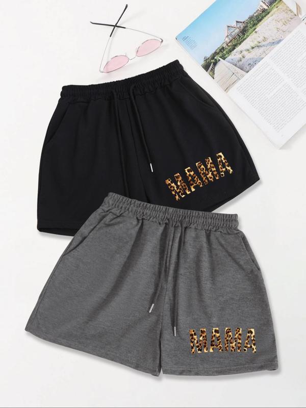 Women's Letter Print Drawstring Shorts, Casual Comfort Pocket Elastic Waist Shorts, Comfort Clothes Women, Summer Bottoms, Shorts for Women