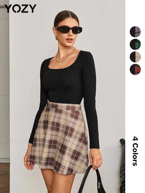 YOZY Black Friday Deals, Plain Crop Top & Plaid Print Flared Skirt Set, Elegant Fashion Casual Square Neck Long Sleeve Top & High Waist Skirt, Women's Fall Outfits for Daily Wear, Christmas 2024 Trend, Thanksgiving Outfits, Fall Outfits, Winter Outfits