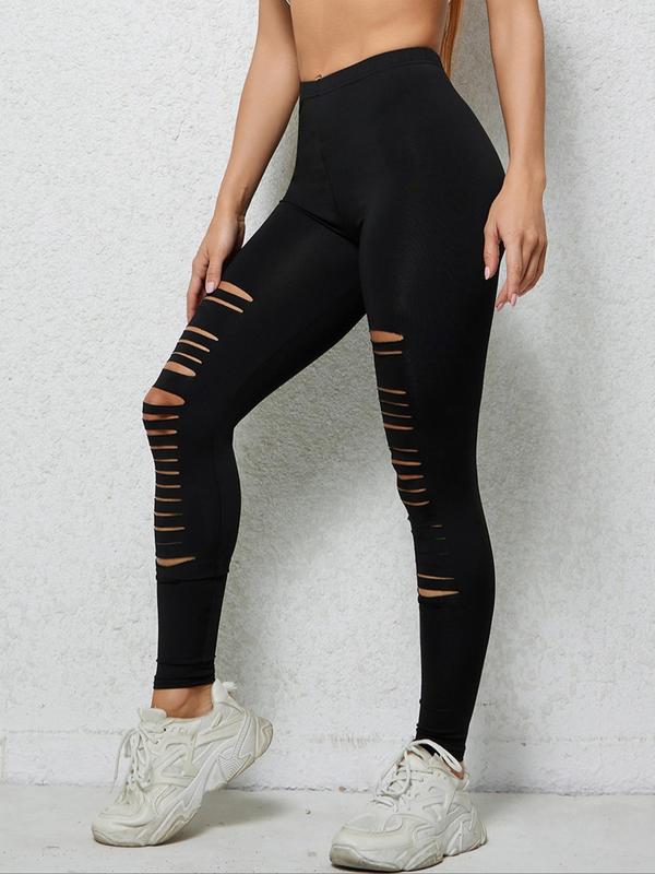 Women's Ripped High Waist Leggings, Casual Streetwear Leggings Outfit, Lady Comfy Pants, High Stretch Skinny Pants, Women Bottoms