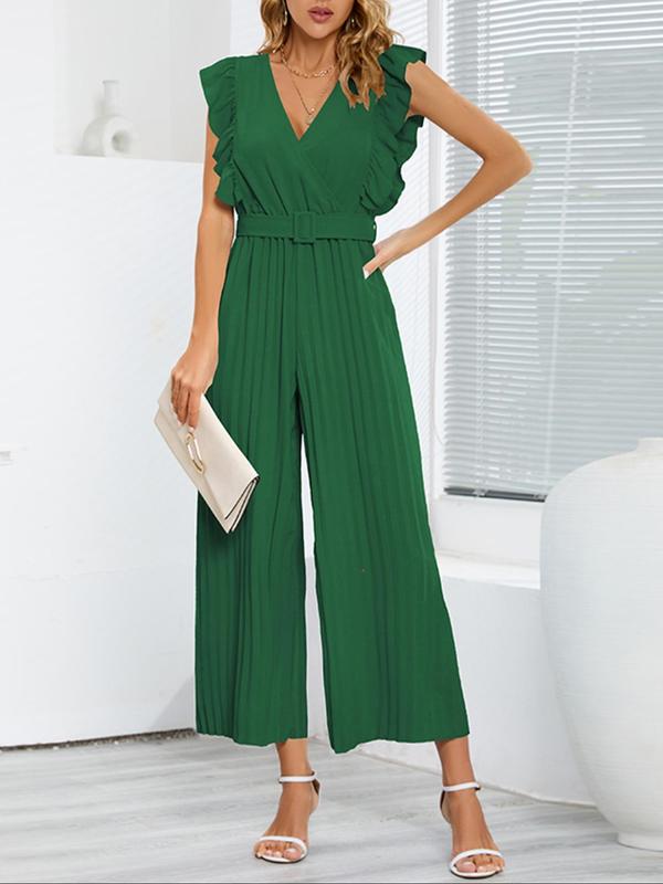 Women's Plain Ruffle Trim Pleated Belted Wide Leg Jumpsuit, Elegant V Neck Butterfly Sleeve Jumpsuit for Summer, Ladies Clothes for Daily Wear