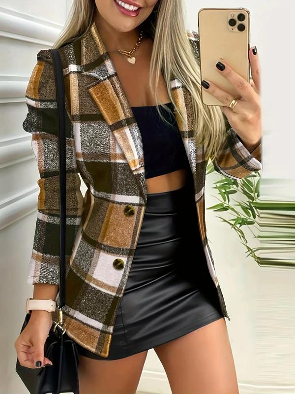 Womenswear Women's Plaid Print Button Front Lapel Neck Coat, Western Clothing, Casual Long Sleeve Outerwear for Fall & Winter, Ladies Clothes for Daily Wear, Work Clothes for Office