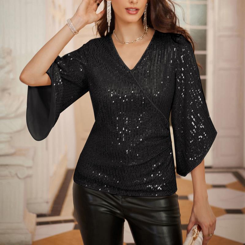 GRACE KARIN Women Sequined Party Tops 3 4 Poncho Slit Sleeve V-Neck Ruched Tops  v neck cardigan pleated blouse Knitwear pleated blouse Knitwear