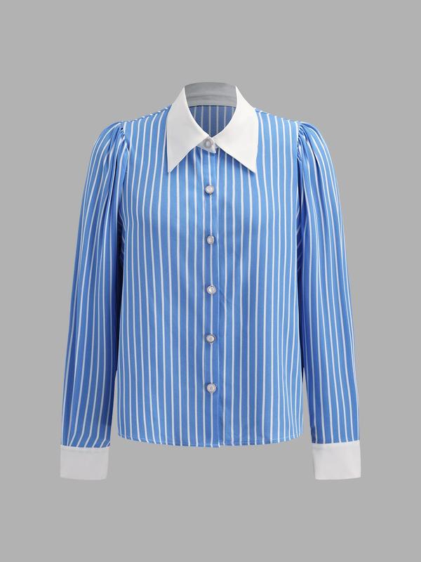 YOZY Women's Striped Print Button Front Shirt, Casual Bishop Sleeve Collared Top for Spring & Fall, Women's Clothes for Daily Wear