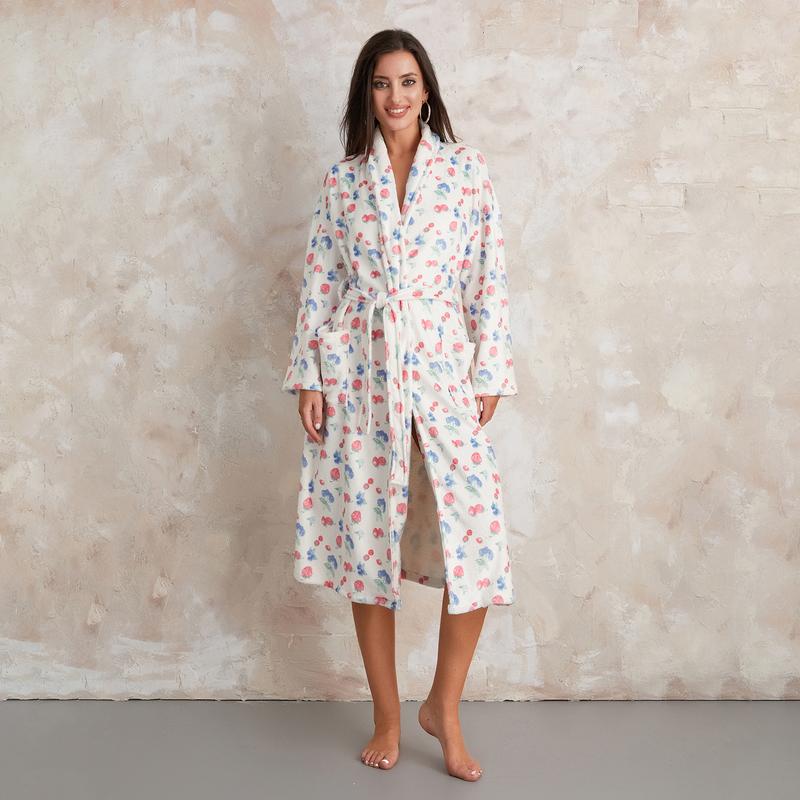 Women Dressing Gown Flannel Robe, Floral Print Shawl Collar Bathrobe for Hotel Spa, Party Kimono Robe with Belt,  Long Sleeve Dry Robes Check