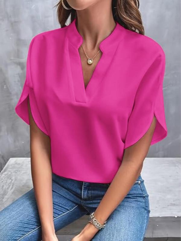 Women's Solid Notched Neck Split Sleeve Blouse, Womenswear Casual Drop Shoulder Half Sleeve Top for Summer, Ladies Back To School Clothes for Daily Wear, Black Girl Outfits