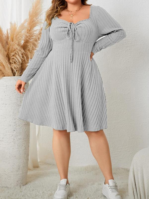  Solid Drawstring Sweetheart Neck A Line Dress, Fall Outfits, Fallfreshness Casual Long Sleeve Ribbed Dress for Fall , Women's Fall Clothes for Daily Wear, Fall Vintage Girly Clothes, Downtown Girl Clothes