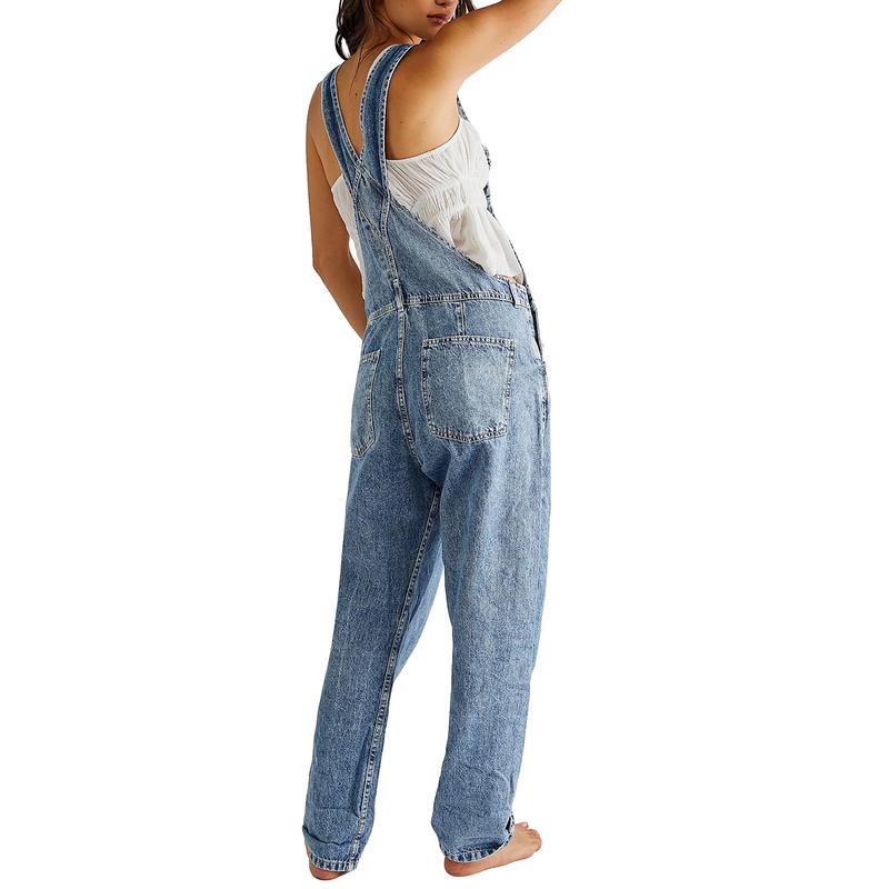 Women Denim Long Jumpsuit Casual Spaghetti Strap Wide Leg Romper Pants Summer Baggy Bib Overalls Womenswear Mum