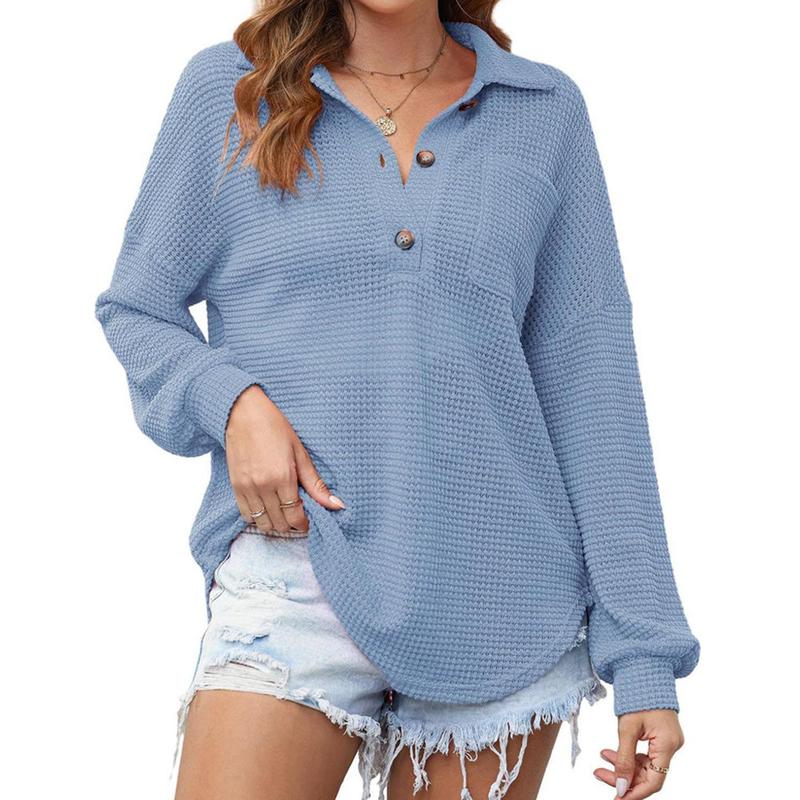 Women Waffle Knit Tops Henley Shirts Long Sleeve V Neck Solid Color Casual Tunic