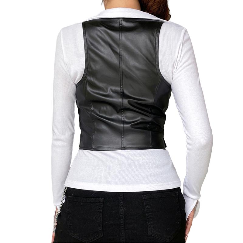 Y2K PU Leather Vest Vintage Aesthetic Women V Neck Sleeveless Button Tank Tops 2000s Dark Academia T-shirt Waistcoat